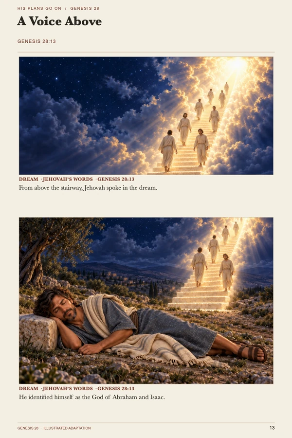 A luminous stairway and a sleeping figure appear in a two-panel page with a quiet editorial layout.