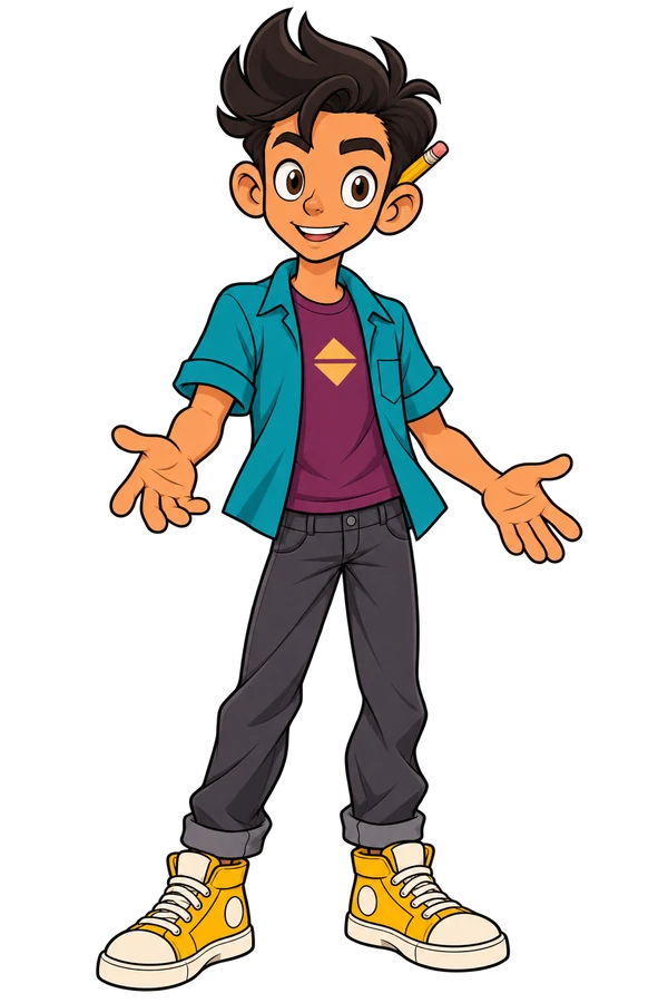 An expressive full-body character design with an open, welcoming pose.