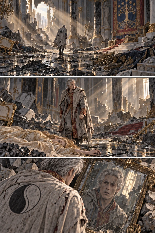 A wordless opening page moves through a ruined palace in three cinematic panels.
