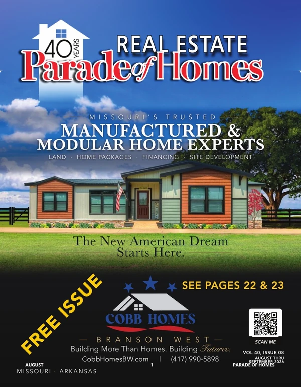 A real estate publication cover combining a home photograph, masthead, and promotional typography.