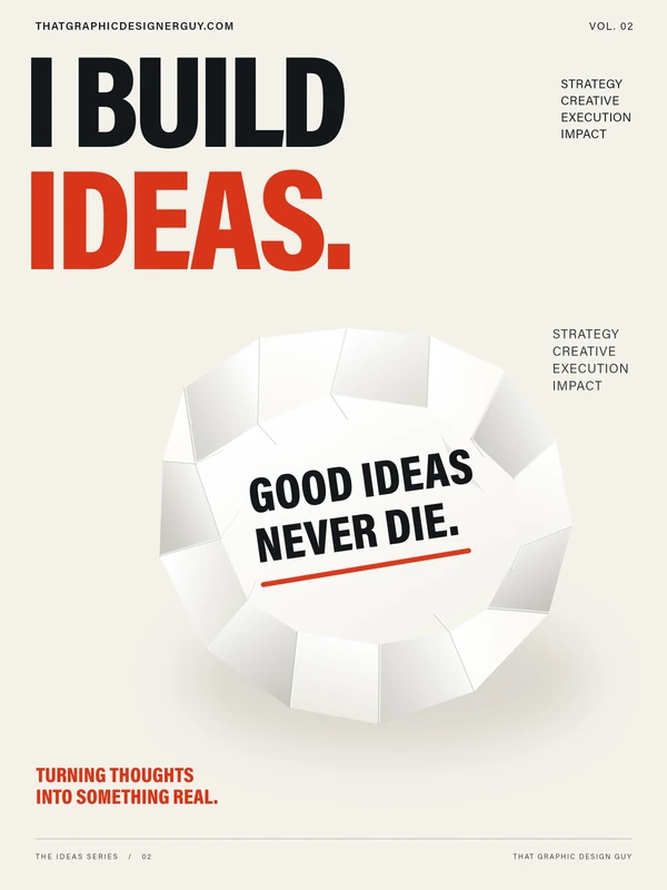 An ivory and red poster pairing bold typography with a folded paper form.